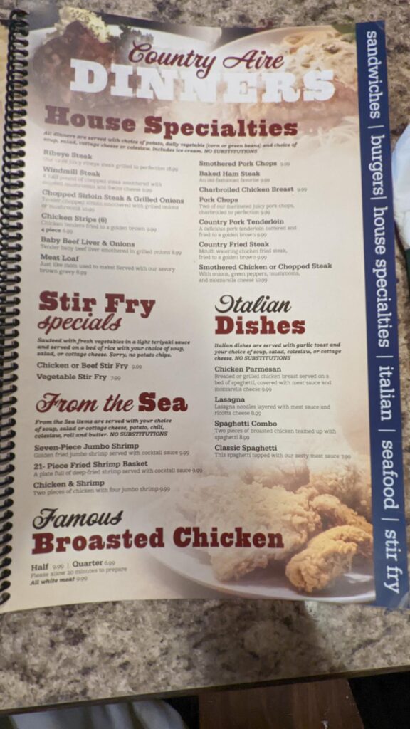 Country-Aire Restaurant Menu 5
